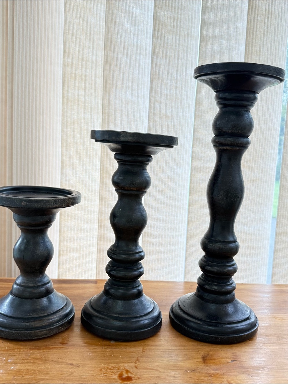 Set of 3 Rustic Black Wooden Pillar Taper Candle Holders - By Luxe Decor